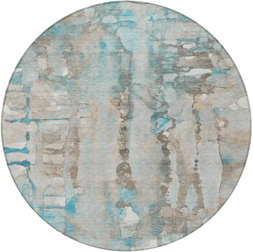 8' Teal Blue And Ivory Round Abstract Washable Indoor Outdoor Area Rug Photo 4