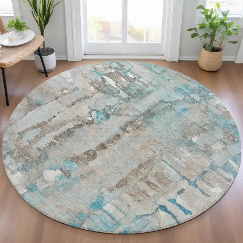 8' Teal Blue And Ivory Round Abstract Washable Indoor Outdoor Area Rug Photo 5
