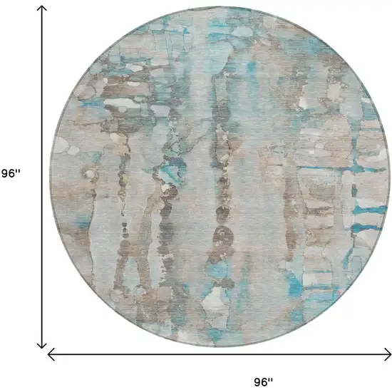 8' Teal Blue And Ivory Round Abstract Washable Indoor Outdoor Area Rug Photo 3