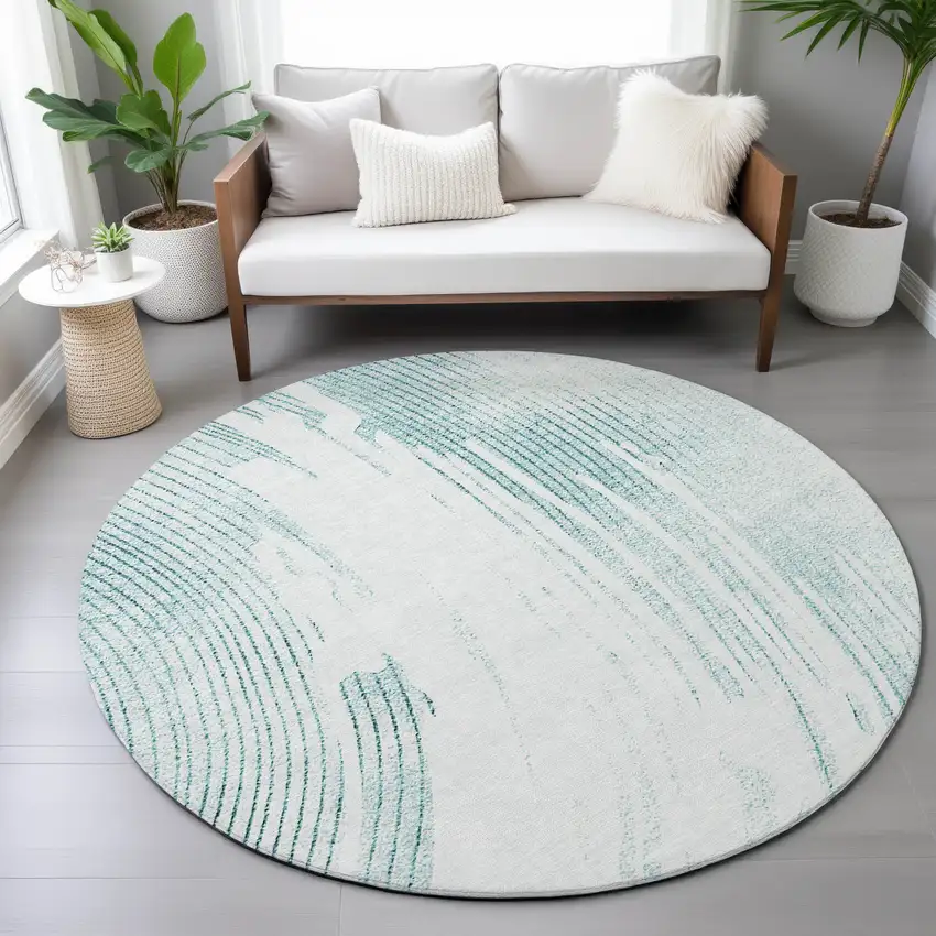 8' Teal Blue And Ivory Round Abstract Washable Indoor Outdoor Area Rug Photo 7