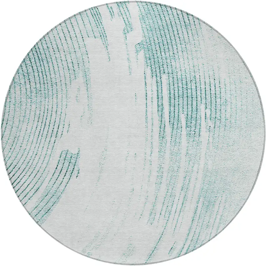 8' Teal Blue And Ivory Round Abstract Washable Indoor Outdoor Area Rug Photo 1