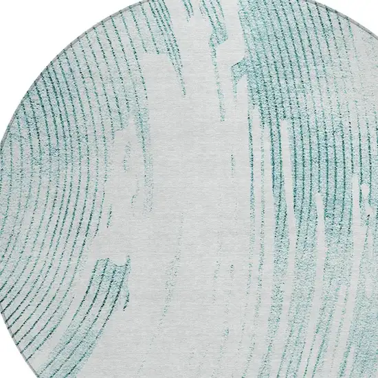 8' Teal Blue And Ivory Round Abstract Washable Indoor Outdoor Area Rug Photo 5