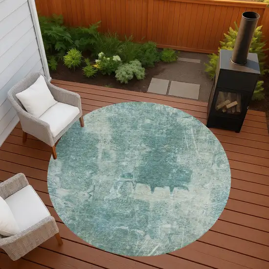 8' Teal Blue And Ivory Round Abstract Washable Indoor Outdoor Area Rug Photo 7
