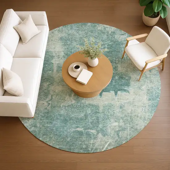 8' Teal Blue And Ivory Round Abstract Washable Indoor Outdoor Area Rug Photo 8