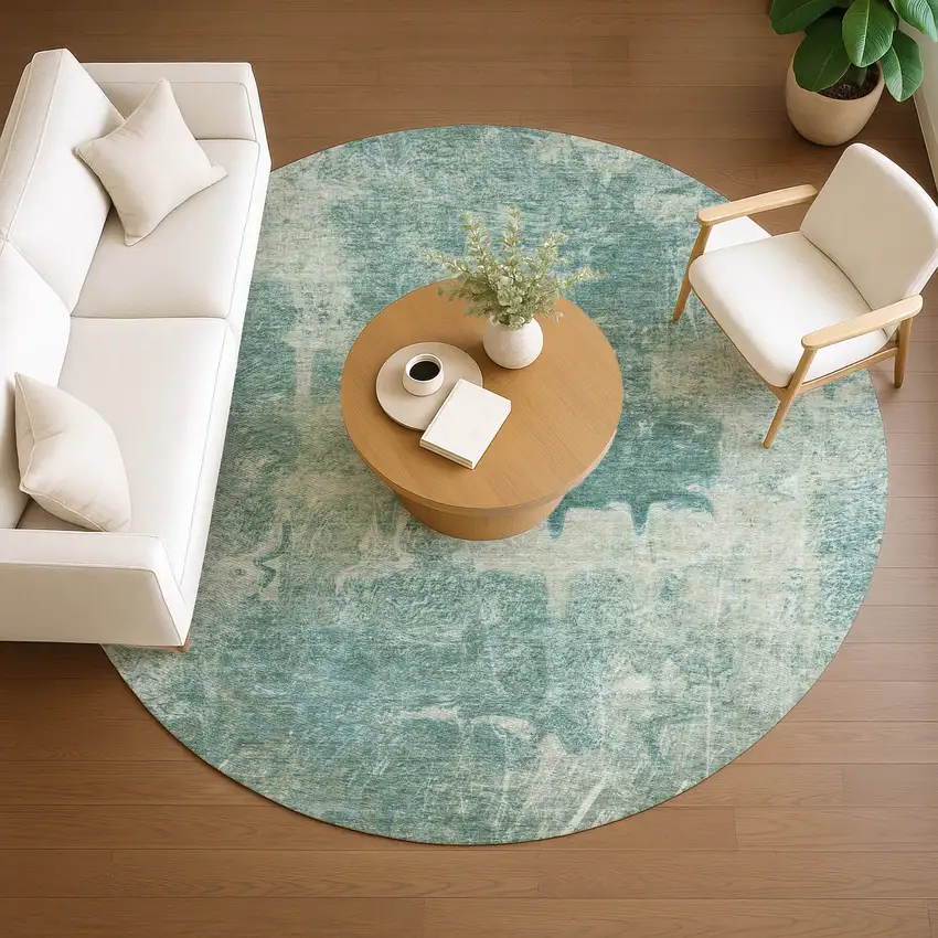 8' Teal Blue And Ivory Round Abstract Washable Indoor Outdoor Area Rug Photo 8