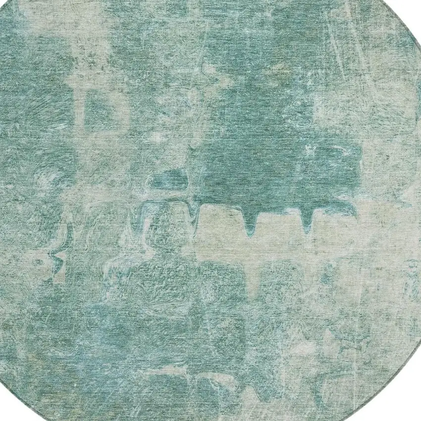 8' Teal Blue And Ivory Round Abstract Washable Indoor Outdoor Area Rug Photo 6