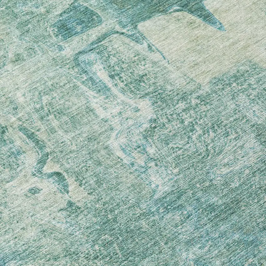 8' Teal Blue And Ivory Round Abstract Washable Indoor Outdoor Area Rug Photo 9