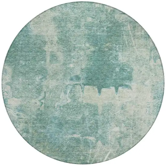 8' Teal Blue And Ivory Round Abstract Washable Indoor Outdoor Area Rug Photo 4