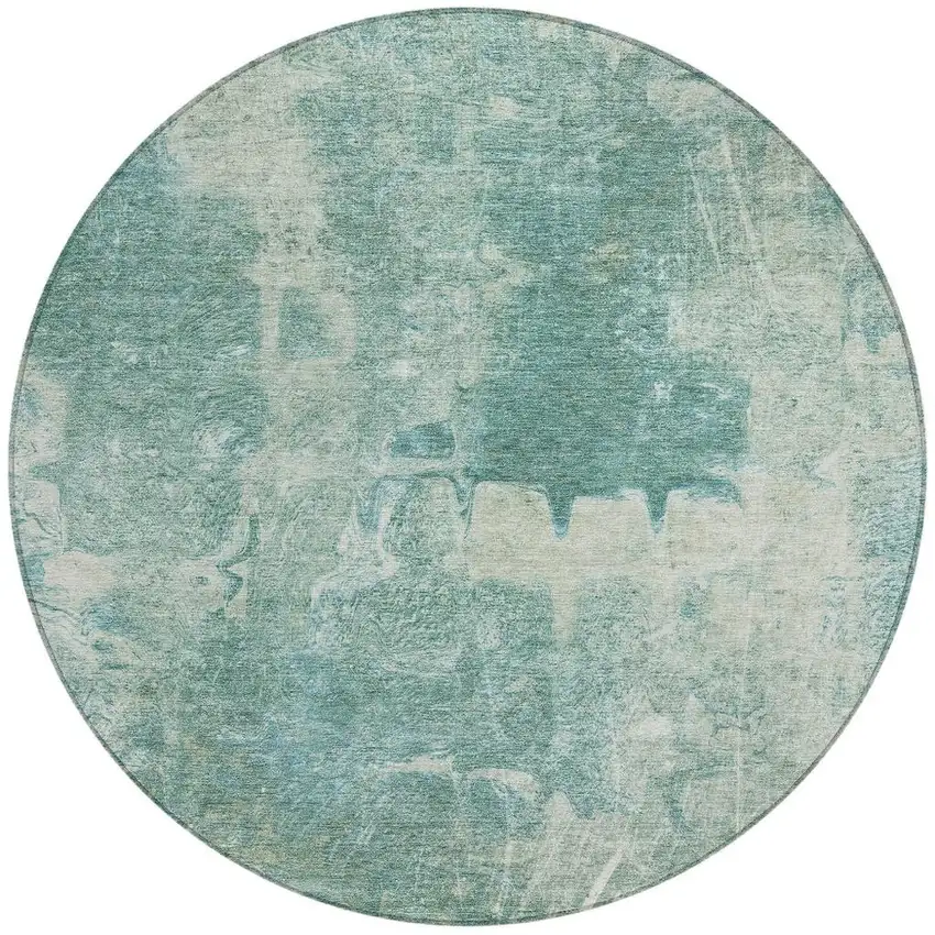8' Teal Blue And Ivory Round Abstract Washable Indoor Outdoor Area Rug Photo 4