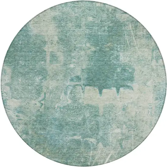 8' Teal Blue And Ivory Round Abstract Washable Indoor Outdoor Area Rug Photo 2