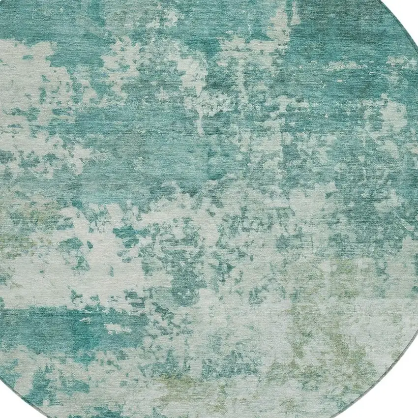 8' Teal Blue And Ivory Round Abstract Washable Indoor Outdoor Area Rug Photo 2