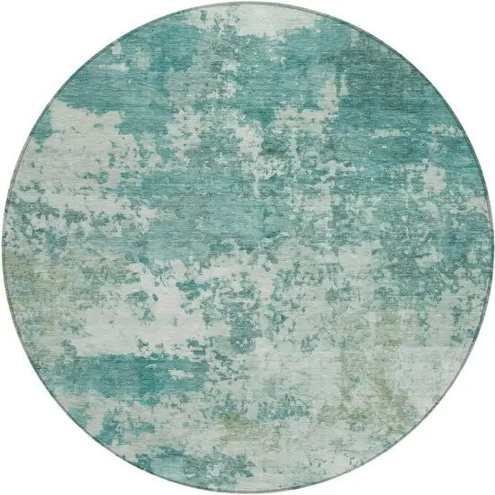 8' Teal Blue And Ivory Round Abstract Washable Indoor Outdoor Area Rug Photo 1