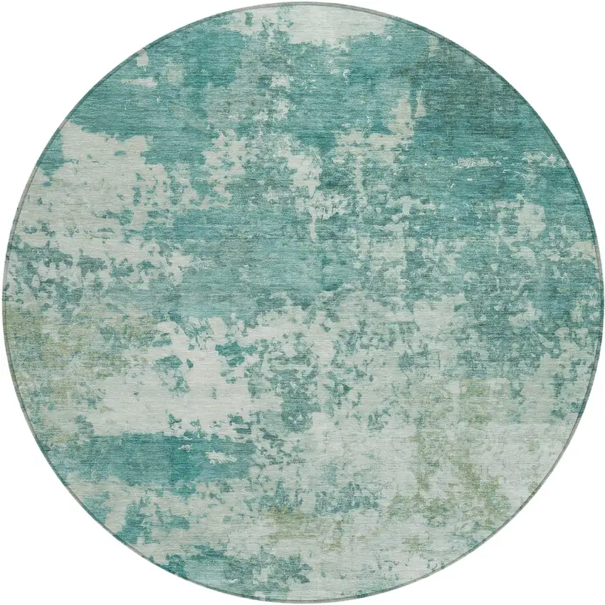 8' Teal Blue And Ivory Round Abstract Washable Indoor Outdoor Area Rug Photo 1