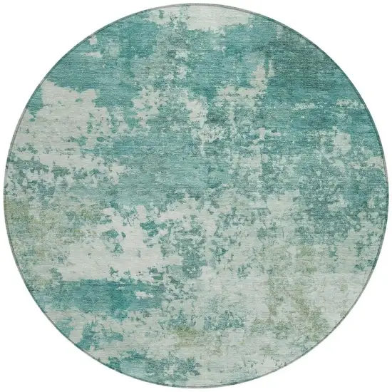 8' Teal Blue And Ivory Round Abstract Washable Indoor Outdoor Area Rug Photo 3