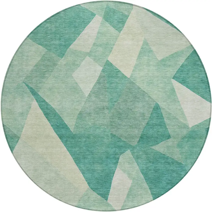 8' Teal Blue And Ivory Round Abstract Washable Indoor Outdoor Area Rug Photo 1