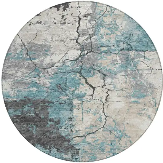8' Teal Blue And Ivory Round Abstract Washable Indoor Outdoor Area Rug Photo 3