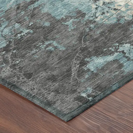 8' Teal Blue And Ivory Round Abstract Washable Indoor Outdoor Area Rug Photo 6