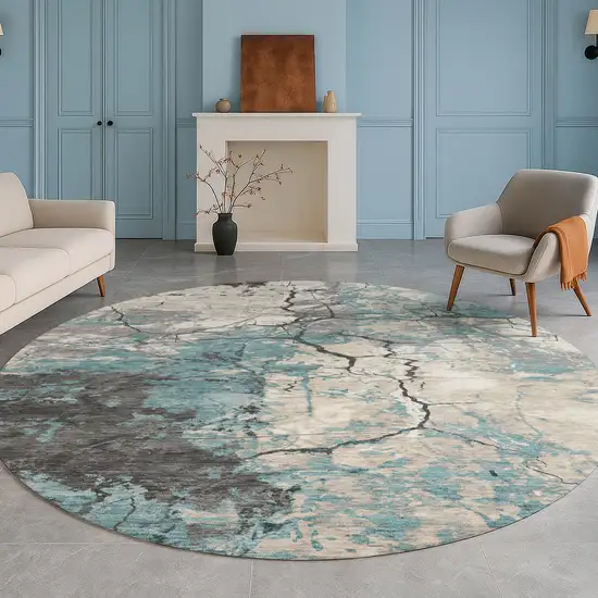 8' Teal Blue And Ivory Round Abstract Washable Indoor Outdoor Area Rug Photo 5