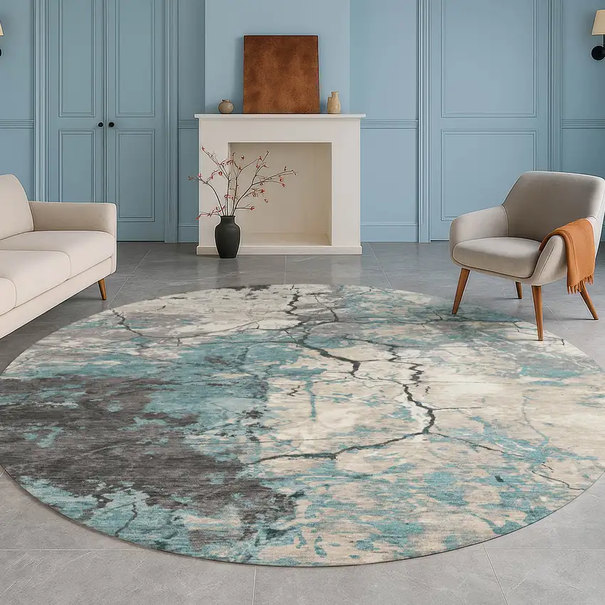 8' Teal Blue And Ivory Round Abstract Washable Indoor Outdoor Area Rug Photo 5