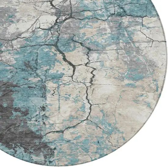 8' Teal Blue And Ivory Round Abstract Washable Indoor Outdoor Area Rug Photo 2