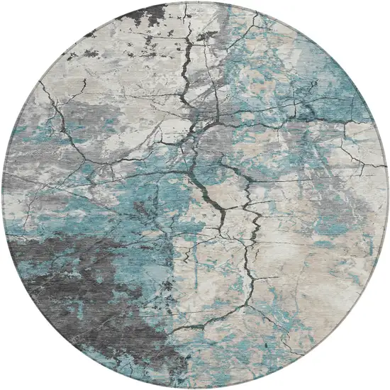 8' Teal Blue And Ivory Round Abstract Washable Indoor Outdoor Area Rug Photo 1