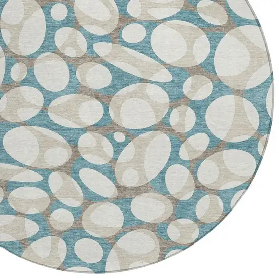 8' Teal Blue And Ivory Round Abstract Washable Indoor Outdoor Area Rug Photo 2