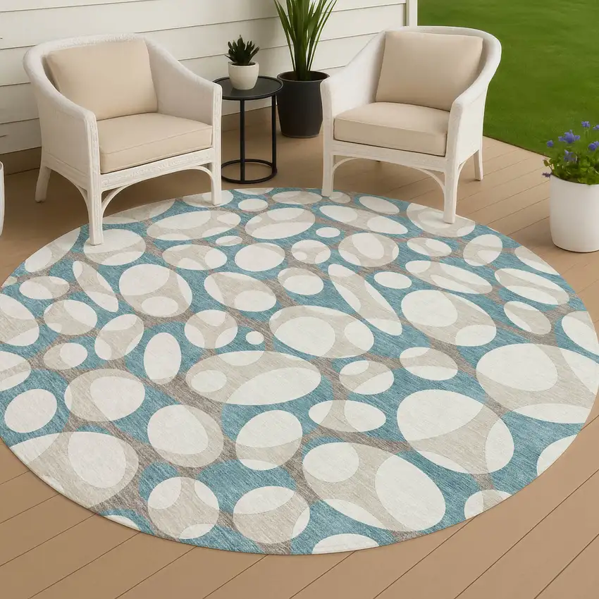 8' Teal Blue And Ivory Round Abstract Washable Indoor Outdoor Area Rug Photo 4