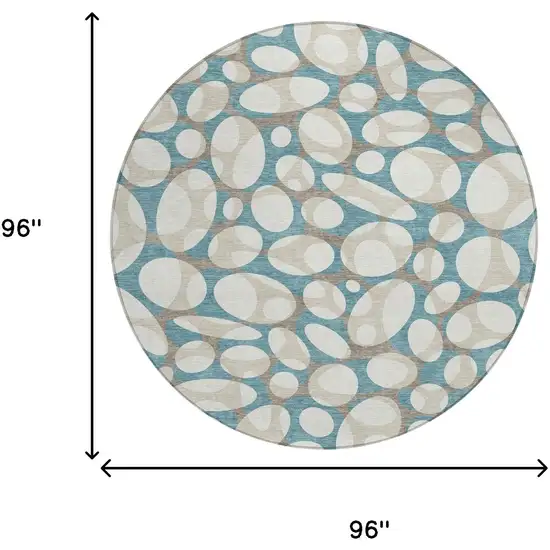 8' Teal Blue And Ivory Round Abstract Washable Indoor Outdoor Area Rug Photo 8