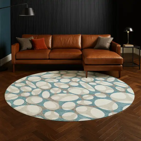 8' Teal Blue And Ivory Round Abstract Washable Indoor Outdoor Area Rug Photo 5