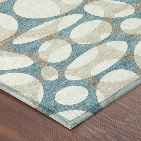 8' Teal Blue And Ivory Round Abstract Washable Indoor Outdoor Area Rug Photo 6