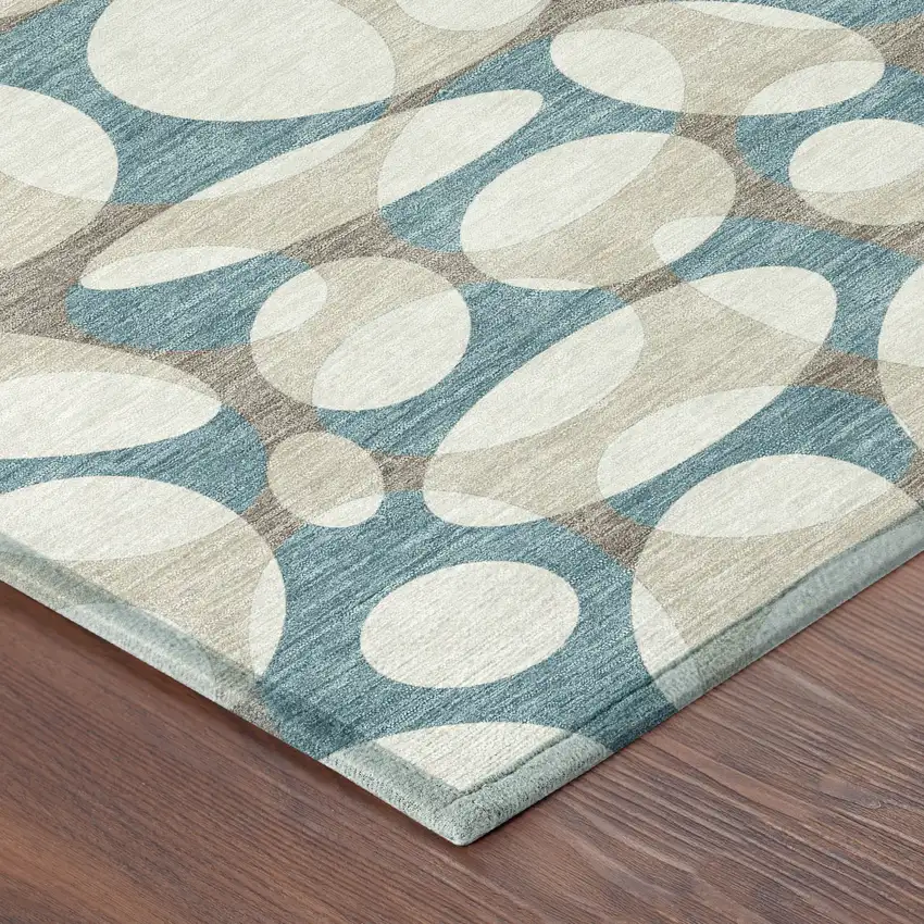 8' Teal Blue And Ivory Round Abstract Washable Indoor Outdoor Area Rug Photo 6