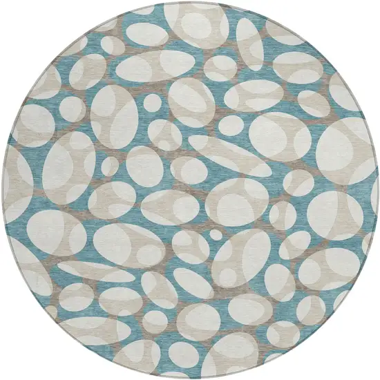 8' Teal Blue And Ivory Round Abstract Washable Indoor Outdoor Area Rug Photo 1