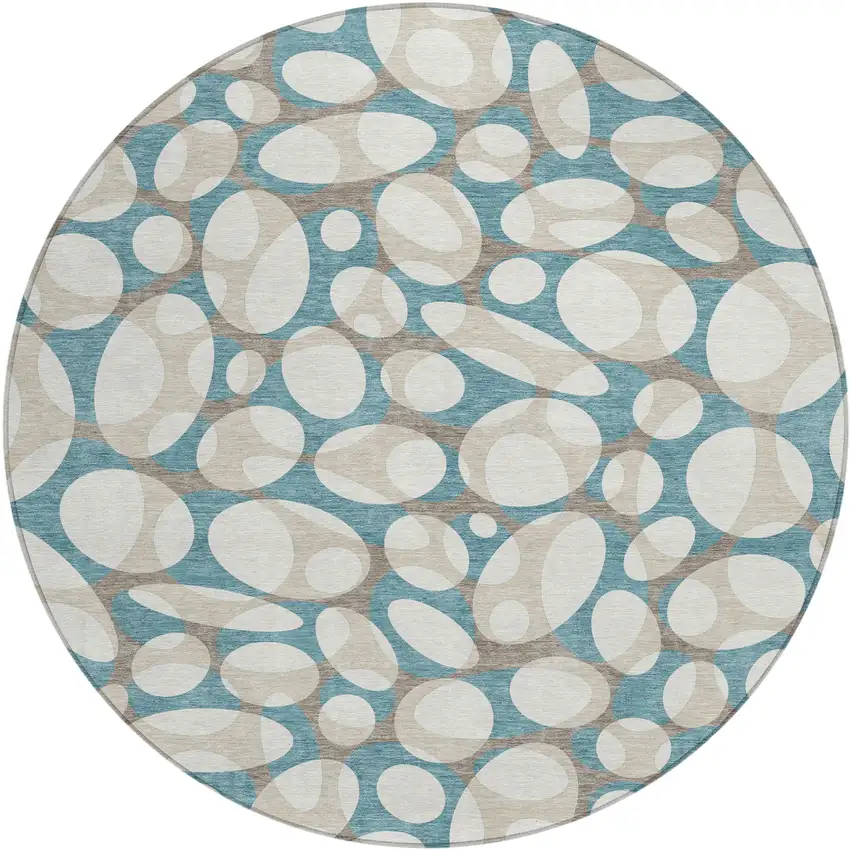 8' Teal Blue And Ivory Round Abstract Washable Indoor Outdoor Area Rug Photo 1