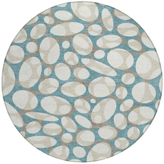 8' Teal Blue And Ivory Round Abstract Washable Indoor Outdoor Area Rug Photo 3