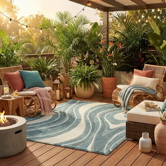 8' Teal Blue And Ivory Round Abstract Washable Indoor Outdoor Area Rug Photo 1
