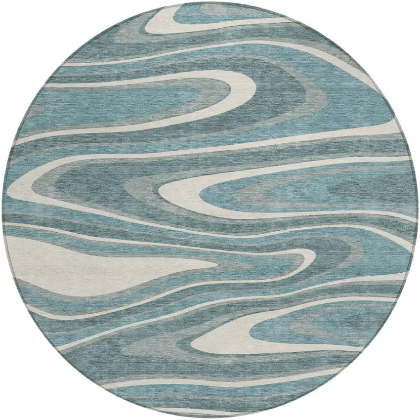 8' Teal Blue And Ivory Round Abstract Washable Indoor Outdoor Area Rug Photo 5