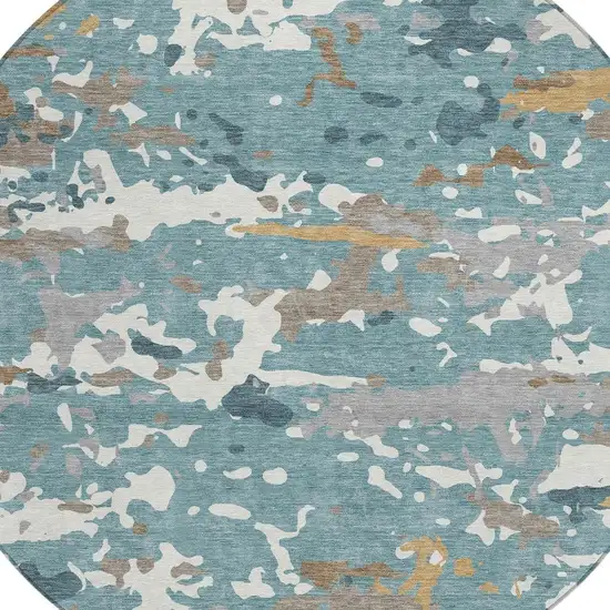 8' Teal Blue And Ivory Round Abstract Washable Indoor Outdoor Area Rug Photo 2