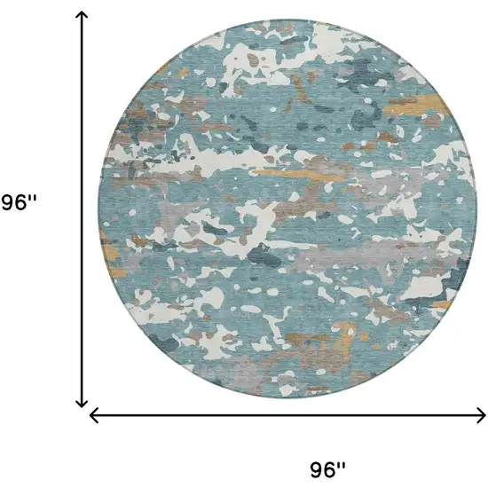 8' Teal Blue And Ivory Round Abstract Washable Indoor Outdoor Area Rug Photo 6