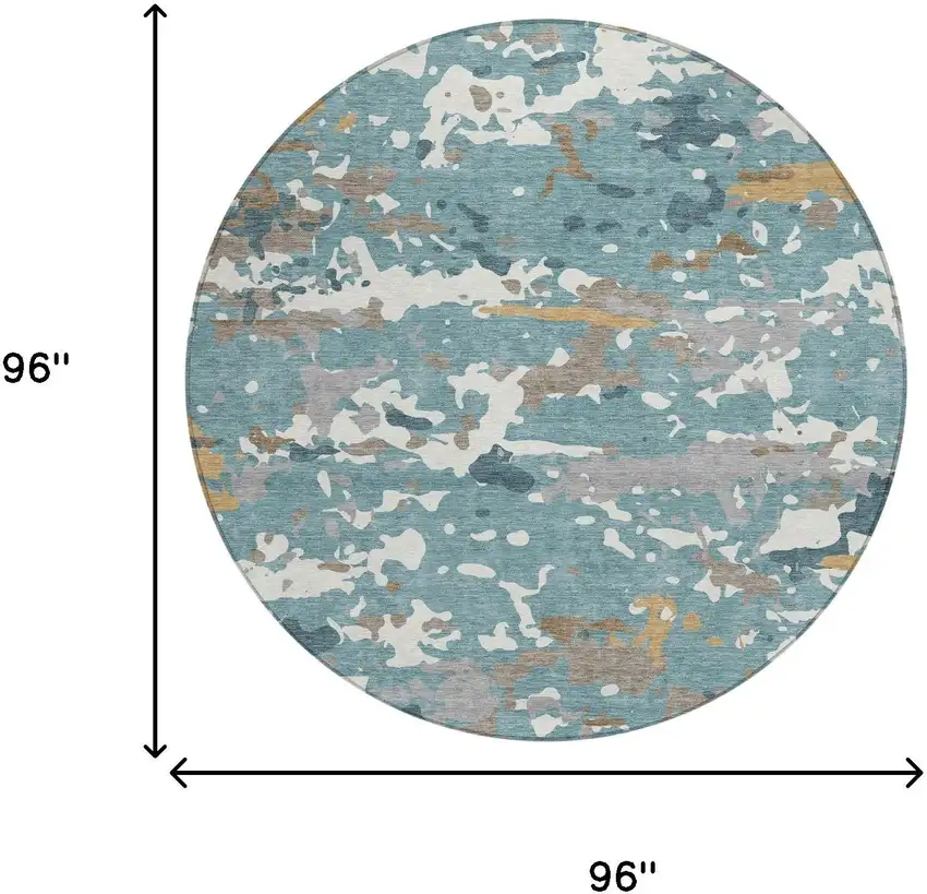 8' Teal Blue And Ivory Round Abstract Washable Indoor Outdoor Area Rug Photo 6