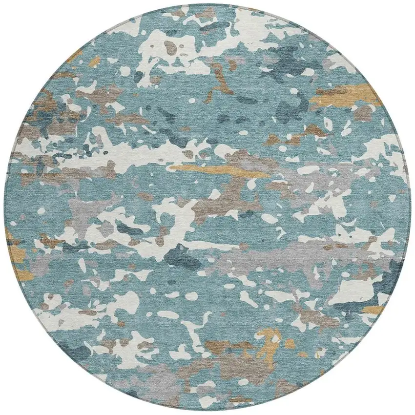 8' Teal Blue And Ivory Round Abstract Washable Indoor Outdoor Area Rug Photo 3