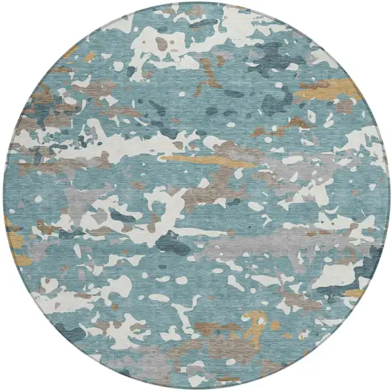 8' Teal Blue And Ivory Round Abstract Washable Indoor Outdoor Area Rug Photo 1