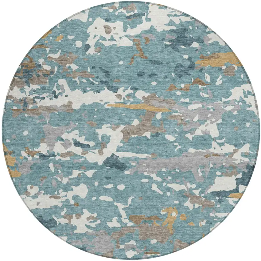 8' Teal Blue And Ivory Round Abstract Washable Indoor Outdoor Area Rug Photo 1