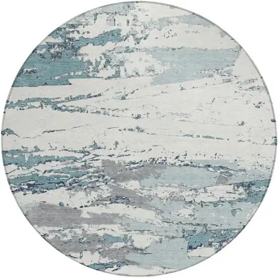 8' Teal Blue And Ivory Round Abstract Washable Indoor Outdoor Area Rug Photo 2
