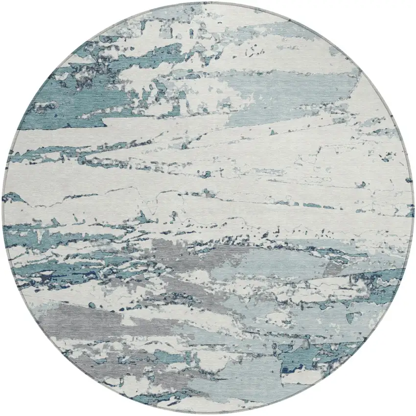 8' Teal Blue And Ivory Round Abstract Washable Indoor Outdoor Area Rug Photo 2