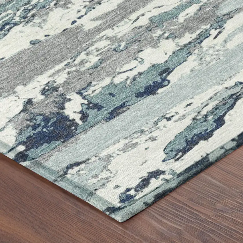 8' Teal Blue And Ivory Round Abstract Washable Indoor Outdoor Area Rug Photo 3