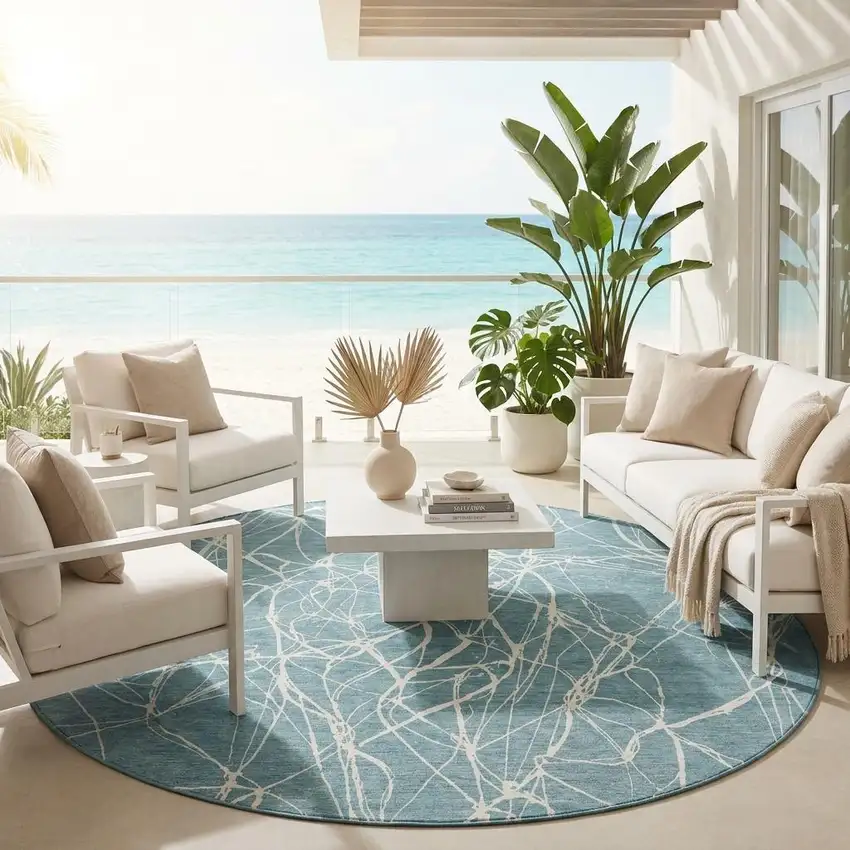 8' Teal Blue And Ivory Round Abstract Washable Indoor Outdoor Area Rug Photo 1