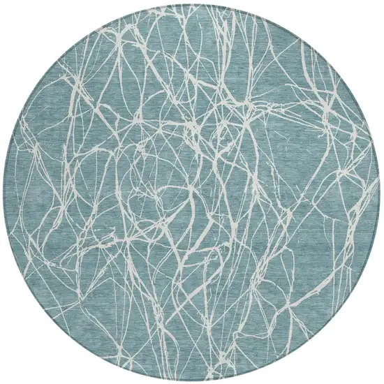 8' Teal Blue And Ivory Round Abstract Washable Indoor Outdoor Area Rug Photo 2