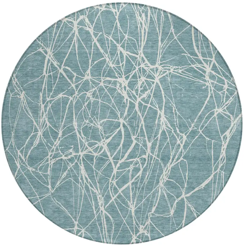 8' Teal Blue And Ivory Round Abstract Washable Indoor Outdoor Area Rug Photo 2
