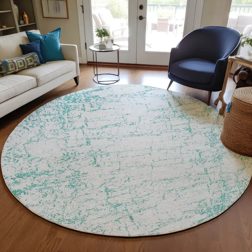 8' Teal Blue And Ivory Round Abstract Washable Indoor Outdoor Area Rug Photo 6