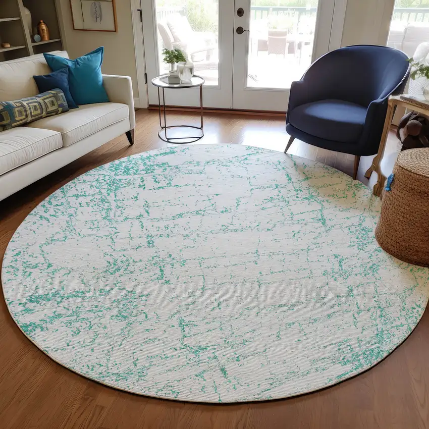 8' Teal Blue And Ivory Round Abstract Washable Indoor Outdoor Area Rug Photo 6